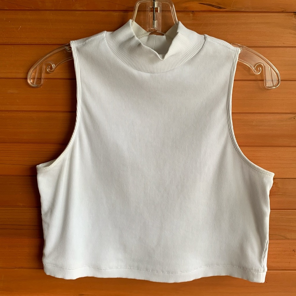 Everlane White Sleeveless Ribbed Turtleneck Crop Top, Size Medium